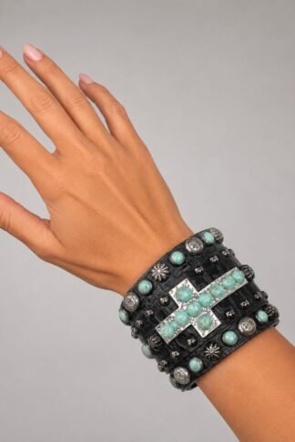 Rowdy Cowgirl Cross Gunslinger Cuff in Turquoise & Black