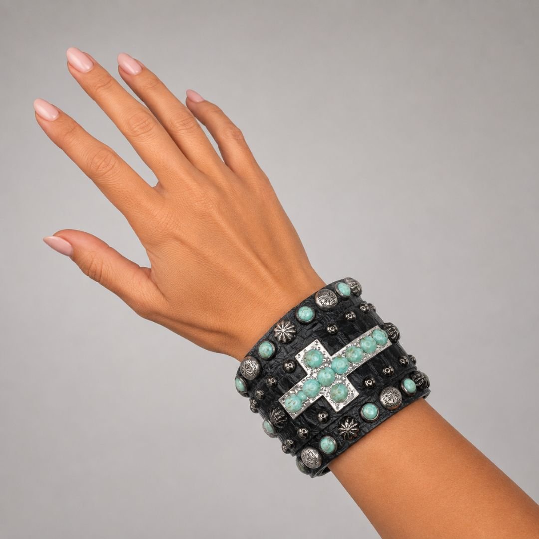 Rowdy Cowgirl Cross Gunslinger Cuff in Turquoise & Black