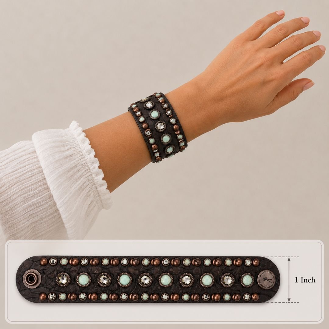 Rowdy Cowgirl Leather Bracelet Cuff in Black with Turquoise Stone