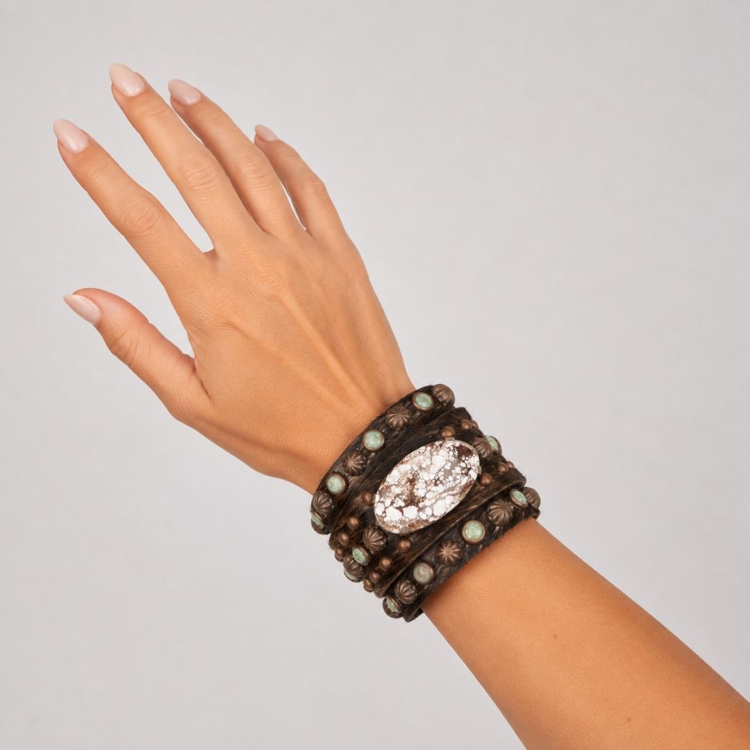 Rowdy Cowgirl Feather Gunslinger Cuff in Brown with Swarovski Crystals