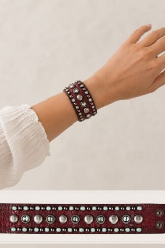 Rowdy Cowgirl  Leather Bracelet Cuff in Brown & Black Stone