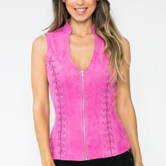 Lydia Vest – Fuchsia Suede Sleeveless Zip Up Top With Cross Cut