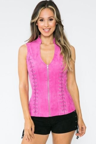 Lydia Vest – Fuchsia Suede Sleeveless Zip Up Top With Cross Cut