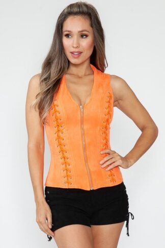 Lydia Vest – Orange Suede Sleeveless Zip Up Top With Cross Cut