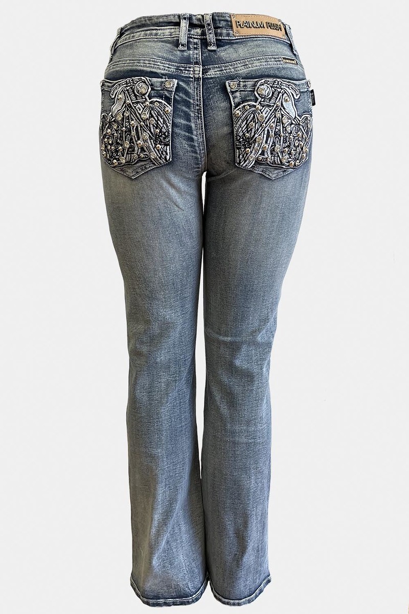 Platinum Plush Women's Rhinestone Bling Skull Jeans