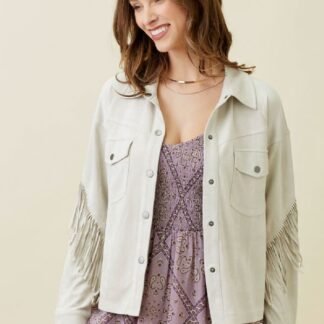 Mystree - Fringe Back Detail Suede White Shirt Jacket with Snap Button Closure