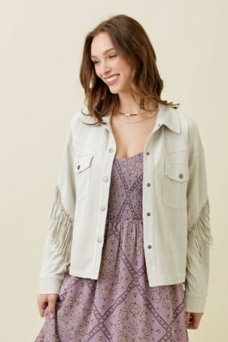 Mystree - Fringe Back Detail Suede White Shirt Jacket with Snap Button Closure