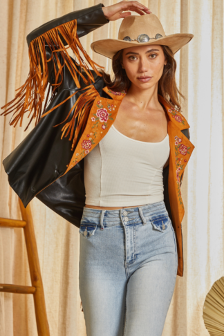 Savanna Jane -Faux Leather Embroidered Jacket With Fringe Deitals Button