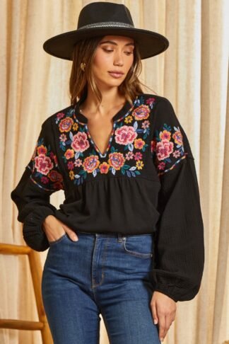Savanna Jane -Knit Tunic Top With China Collar And Beautiful Embroidery
