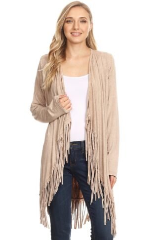 T-Party - Back Fringed Cardigan in Camel