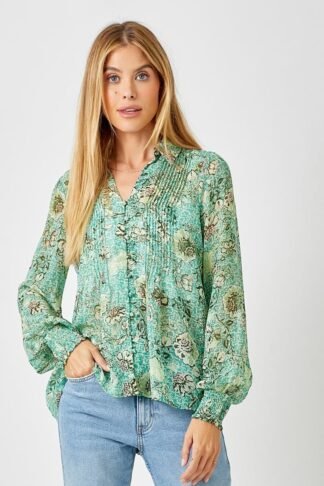 Mystree - Green Women's Pintuck Print Blouse