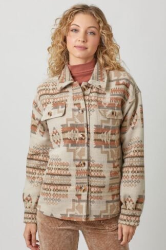 Mystree - Women's Aztec Shacket Jacket in Oatmeal