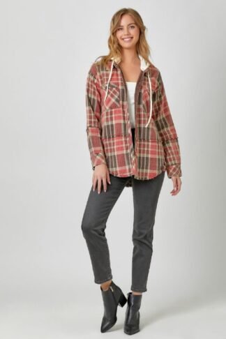 Mystree - Washed Double Cloth Plaid Hoodie Jacket in Red