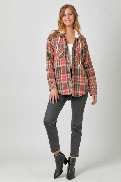 Mystree - Washed Double Cloth Plaid Hoodie Jacket