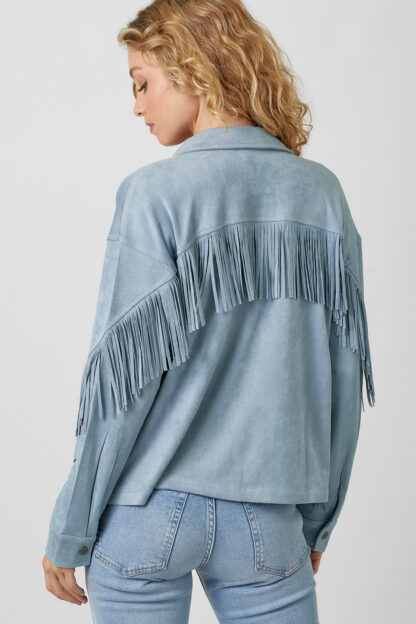 Mystree - Denim Grey Fringe Back Detail Suede Shirt Jacket - Image 6