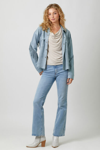 Mystree - Denim Grey Fringe Back Detail Suede Shirt Jacket - Image 3