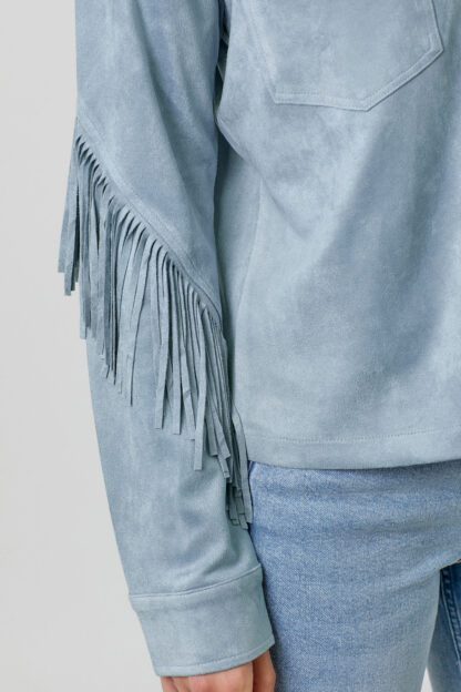 Mystree - Denim Grey Fringe Back Detail Suede Shirt Jacket - Image 7
