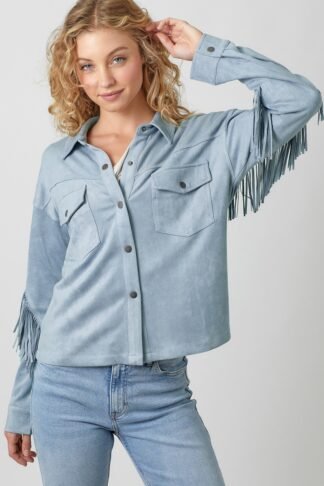 Mystree - Denim Grey Fringe Back Detail Suede Shirt Jacket