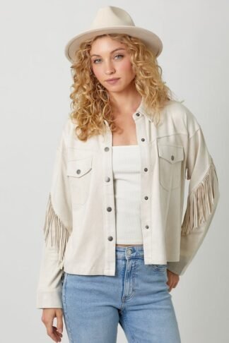 Mystree - Fringe Suede Shirt Jacket with Buttoned Front and Flap Pockets