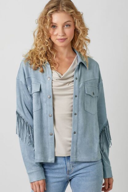 Mystree - Denim Grey Fringe Back Detail Suede Shirt Jacket - Image 2