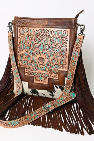 American Darling - Tooled Leather & Cowhide Fringe Crossbody Bag with Turquoise Accents