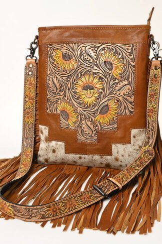 American Darling - Leather & Cowhide Crossbody Bag with Sunflower Design & Fringe