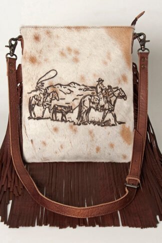 American Darling - Cowhide Crossbody Bag with Tooled Ranch Scene & Fringe