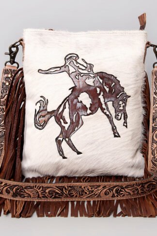American Darling - Cowhide Crossbody Bag with Tooled Bronco Rider & Fringe