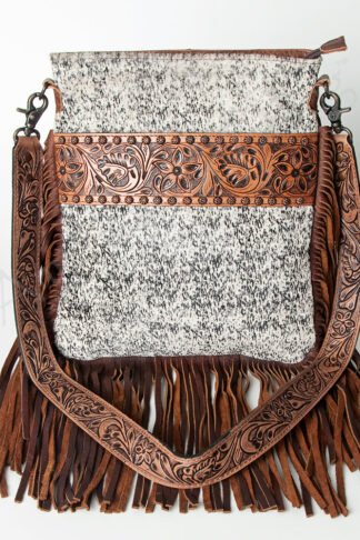 American Darling - Speckled Cowhide & Tooled Leather Fringe Crossbody Bag