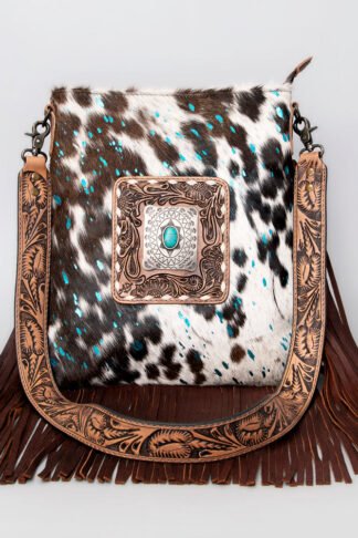 American Darling - Cowhide Fringe Crossbody Bag with Tooled Leather & Concho