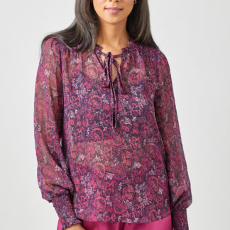 Mystree - Smocked Lurex Chiffon Blouse with Tie Neck & Bubble Sleeves