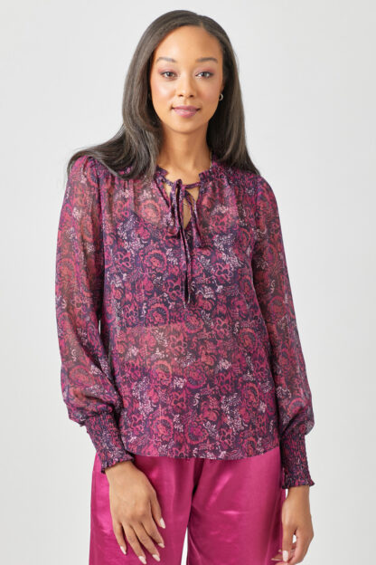 Mystree - Smocked Lurex Chiffon Blouse with Tie Neck & Bubble Sleeves