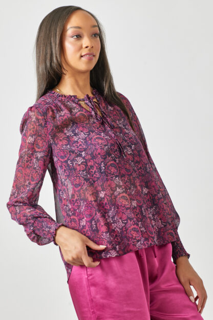 Mystree - Smocked Lurex Chiffon Blouse with Tie Neck & Bubble Sleeves - Image 4
