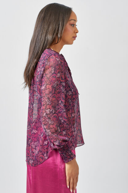 Mystree - Smocked Lurex Chiffon Blouse with Tie Neck & Bubble Sleeves - Image 3