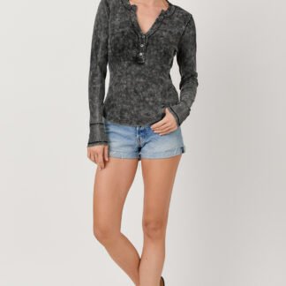 Mystree - Black Washed Waffle Thermal Henley Top