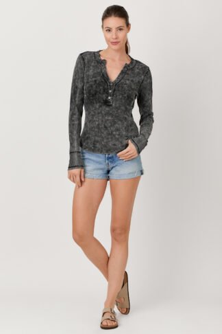 Mystree - Black Washed Waffle Thermal Henley Top