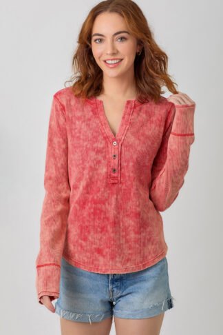 Mystree - Tomato Washed Waffle Thermal Henley Top