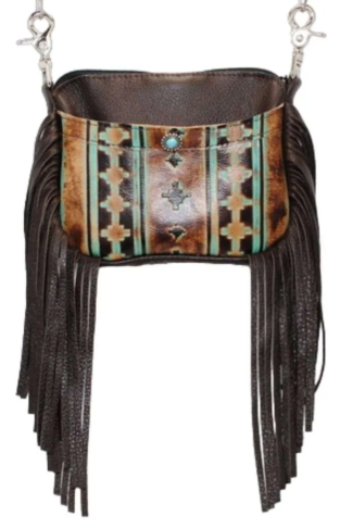 Hip Bag - Santa Fe Turquoise Print Side Fringe Leather Cellphone Purse