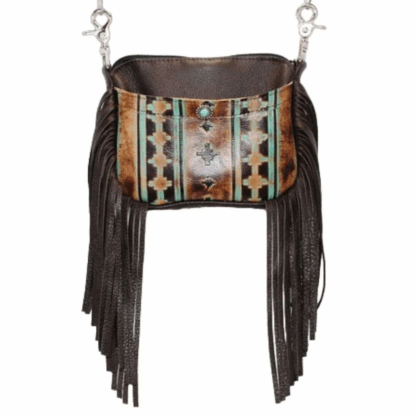 Hip Bag - Santa Fe Turquoise Print Side Fringe Leather Cellphone Purse