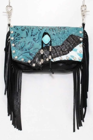 Hip Bag - Teal Oak Leaf & Black Alligator Concealed Carry Purse with Fringe