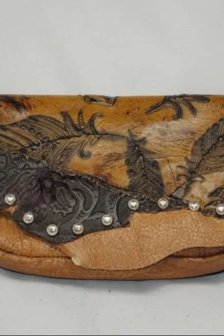 Hip Bag - Zip Top Leather Purse with Golden Feather Print