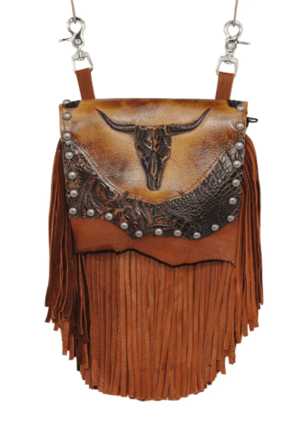 Hip Bag - Marty Tobacco Deerskin Bag with Steer’s Head Print