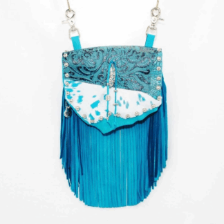 Hip Bag – Marty in Turquoise Deer Skin with Silver Feather and Fringe