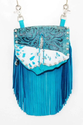 Hip Bag – Marty in Turquoise Deer Skin with Silver Feather and Fringe