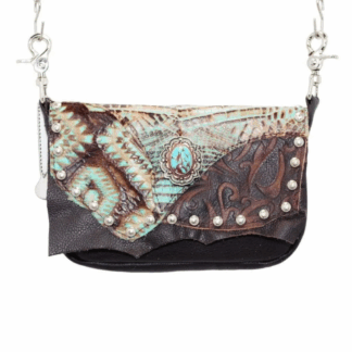 Hip Bag – Zip Top Leather Purse in Espresso Cowhide with Turquoise Gator
