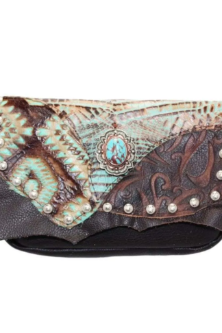 Hip Bag – Zip Top Leather Purse in Espresso Cowhide with Turquoise Gator
