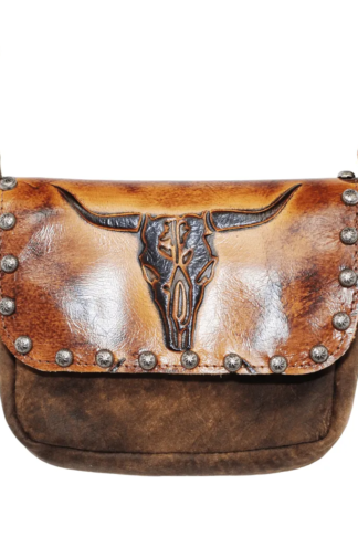 Hip Bag - Vintage Steer Head Print Double Pocket Cowhide