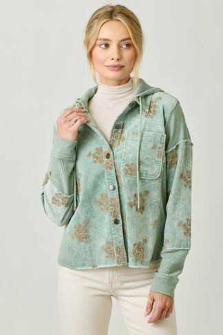 Mystree – Flower Embroidery Hoodie Jacket in Washed Seafoam