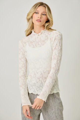 Mystree - Ivory Lettuce Edge Textured Knit Top Long Sleeves