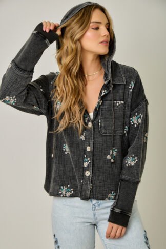 Mystree – Washed Black Embroidered Hoodie Jacket